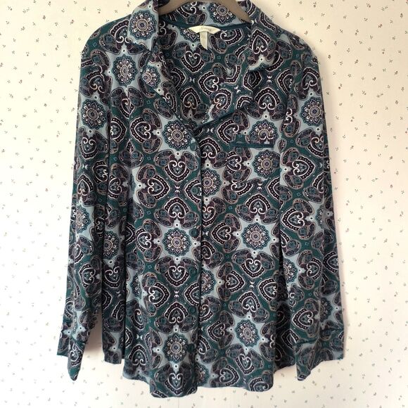 Soma Pajama Set Large Paisley Green Blue Stretch Pockets Lounge Cozy Holiday - Picture 2 of 16